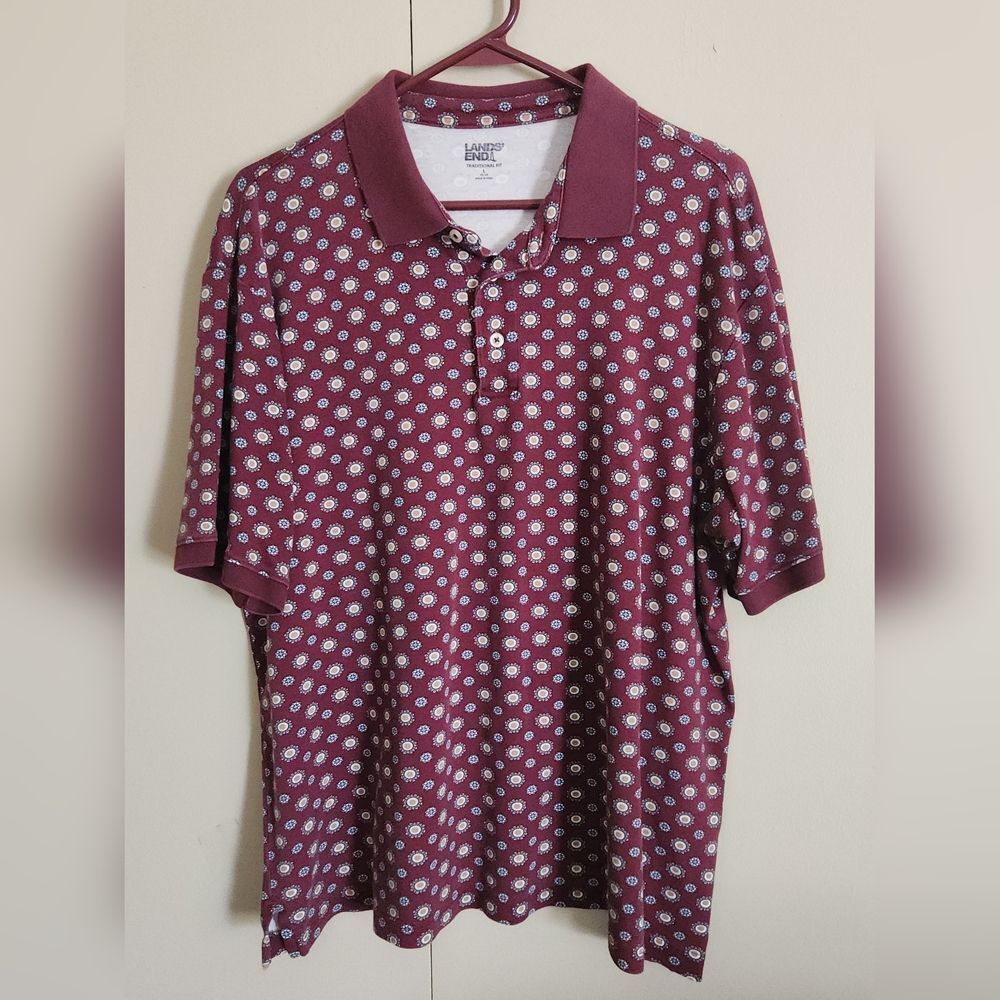 M41 Lands' End Men's Maroon Polo w Muti Color Dot Print